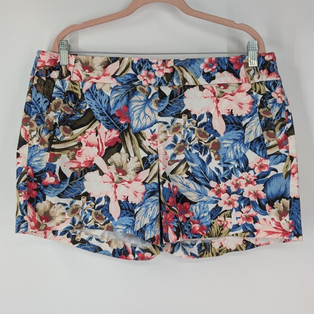 J. Crew Blue Pink Green Tropical Floral Stretch Cotton Chino Shorts Plus Size 14